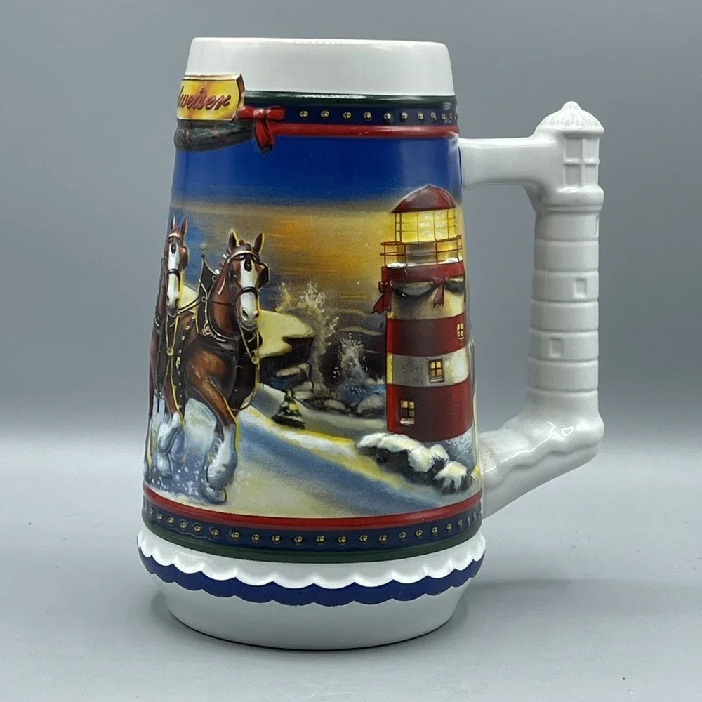 Vintage Budweiser‎ Stein Beer 2002 Guiding the Way Home Lighthouse Christmas